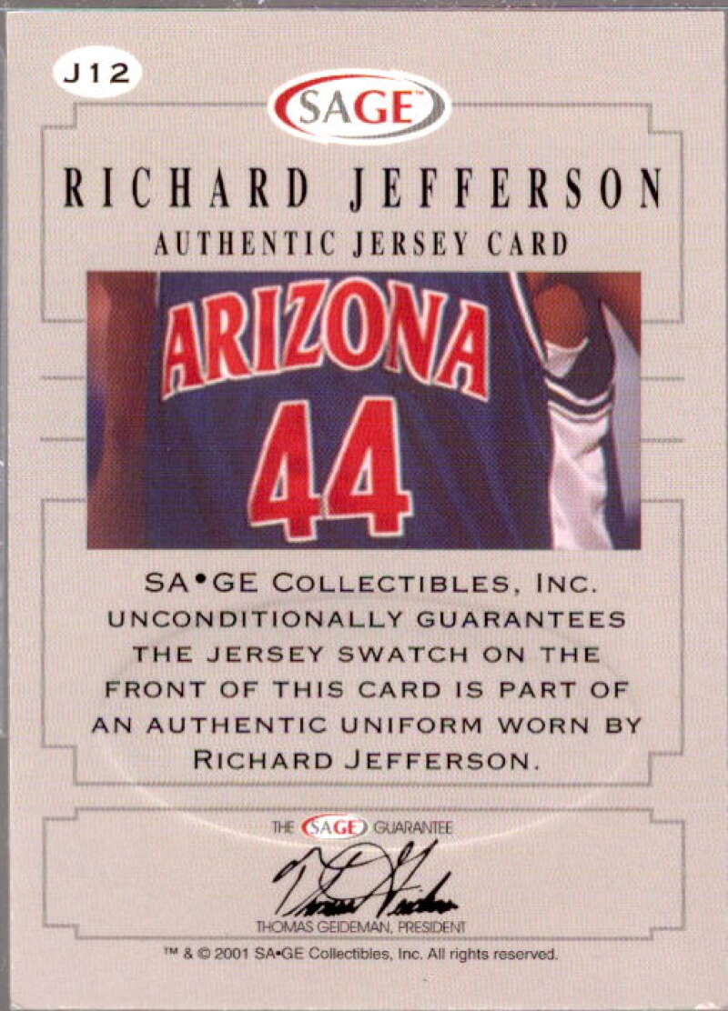 Richard Jefferson Card 2001 SAGE Authentic Jerseys Bronze #J12  Image 2