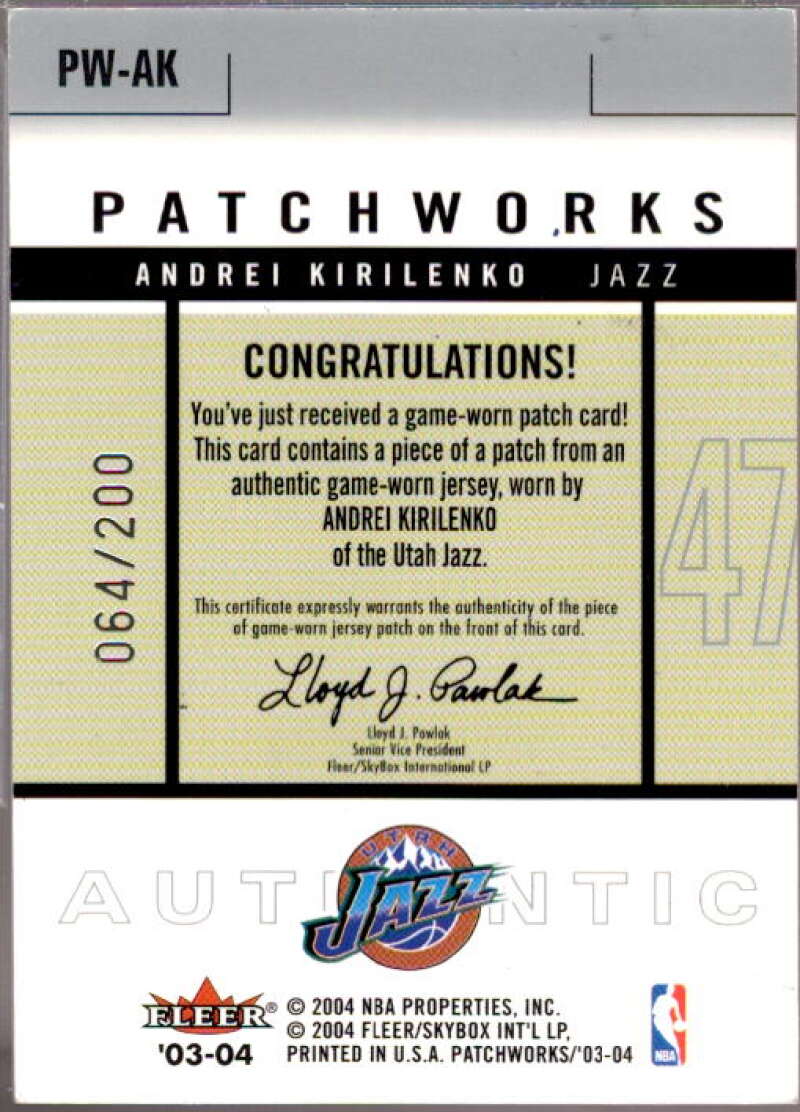 Andrei Kirilenko Card 2003-04 Fleer Patchworks Jerseys #AK  Image 2