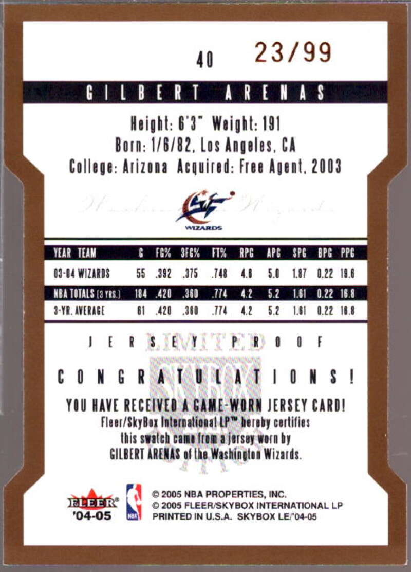 Gilbert Arenas Card 2004-05 SkyBox LE Jersey Proofs 99 #40  Image 2