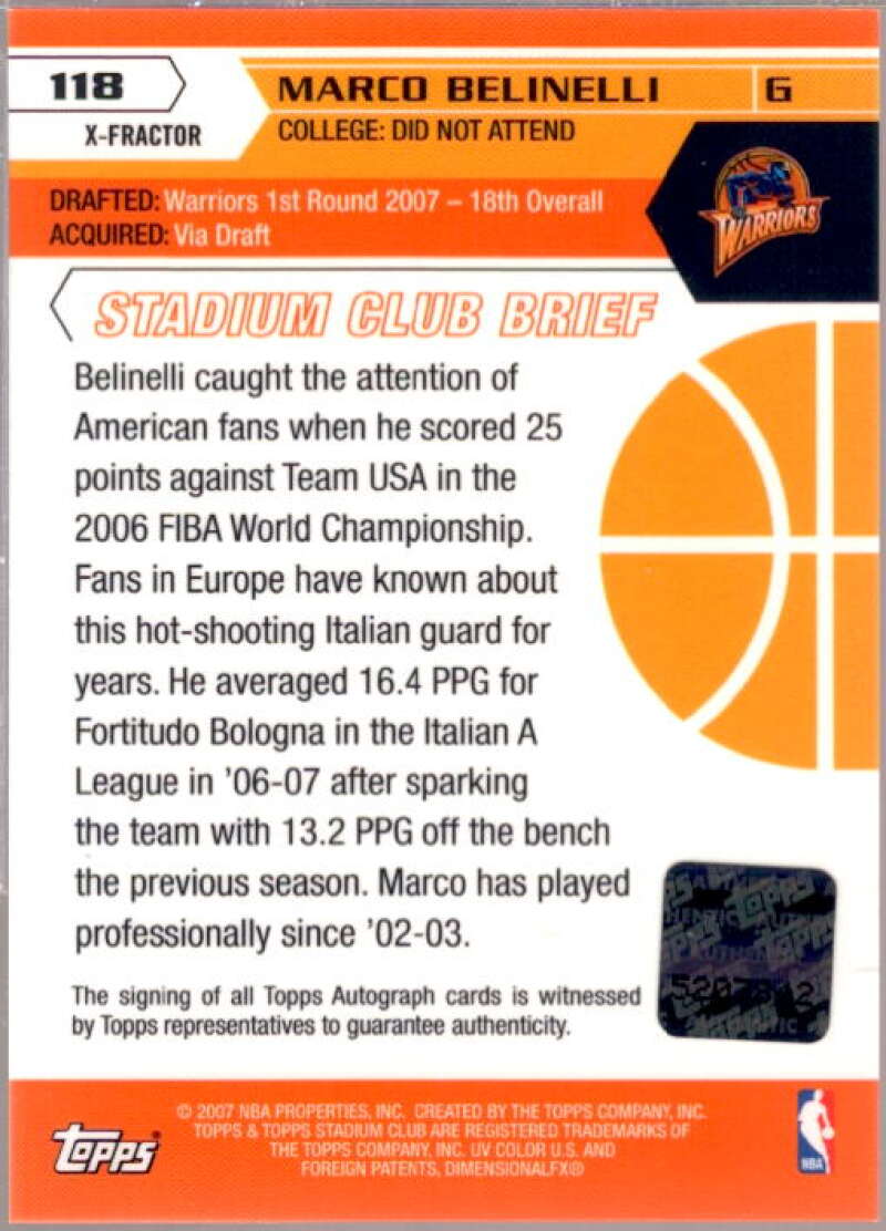 Marco Belinelli 2007-08 Stadium Club Chrome Rookie X-Fractors Autographs #118  Image 2