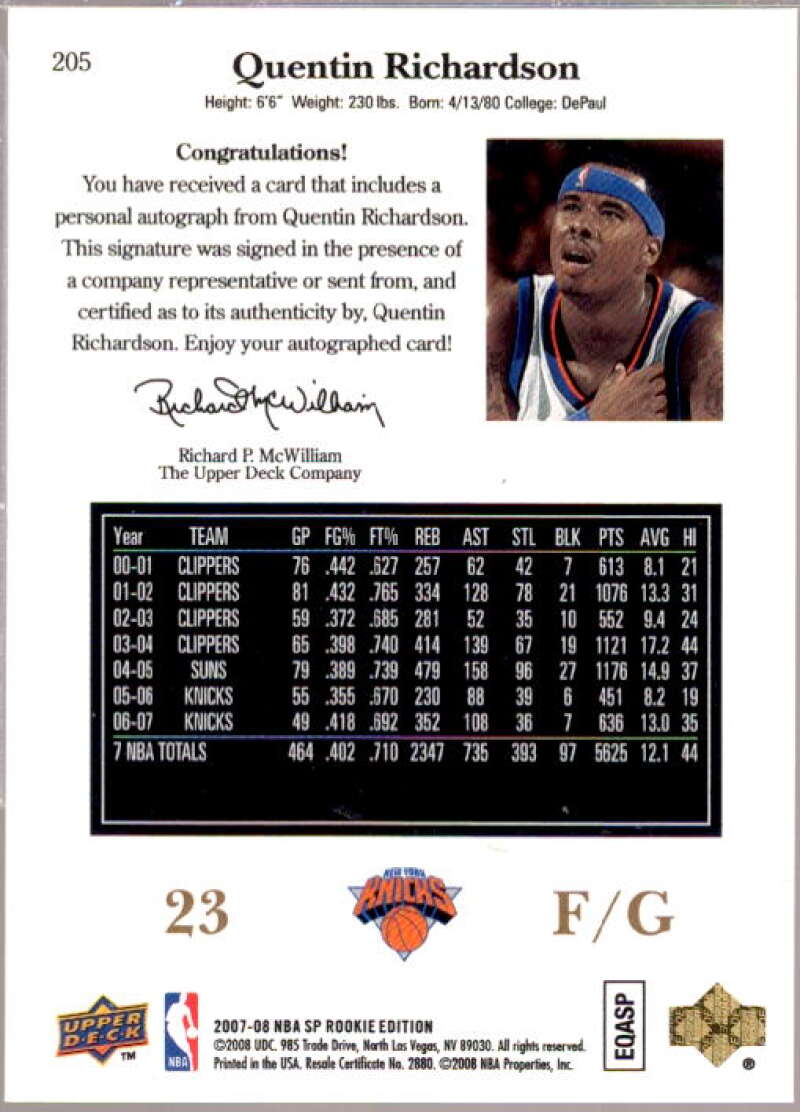 Quentin Richardson Card 2007-08 SP Rookie Edition 1998-99 SP Autographs #205  Image 2
