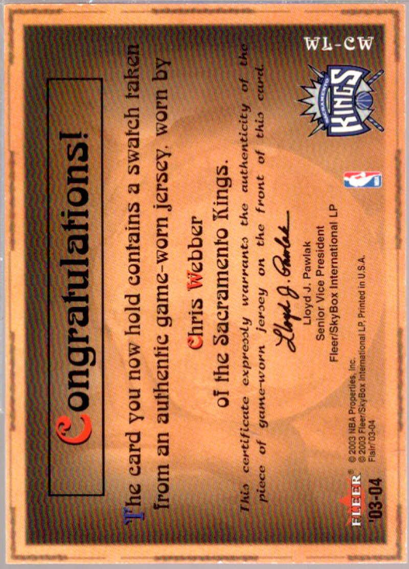 Chris Webber Card 2003-04 Flair World Leaders Game Used #CR  Image 2