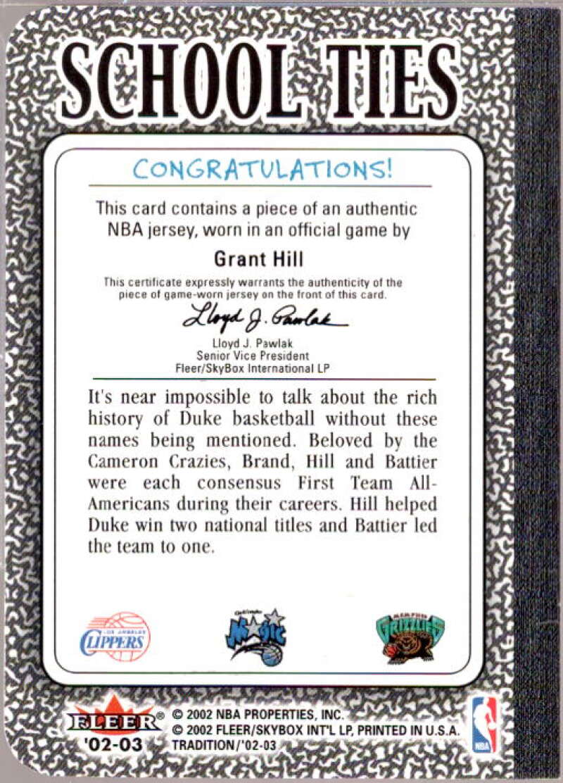 Brand/Hill JSY/Battier 2002 Fleer Tradition School Ties Game-Used Single #ST10B  Image 2