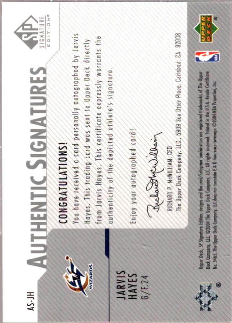 Jarvis Hayes Card 2003-04 SP Authentic Signatures #JAA  Image 2