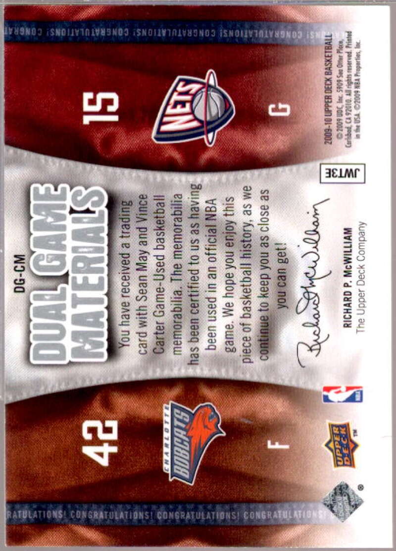 Sean May/Vince Carter Card 2009-10 Upper Deck Game Materials Dual #DGCM  Image 2