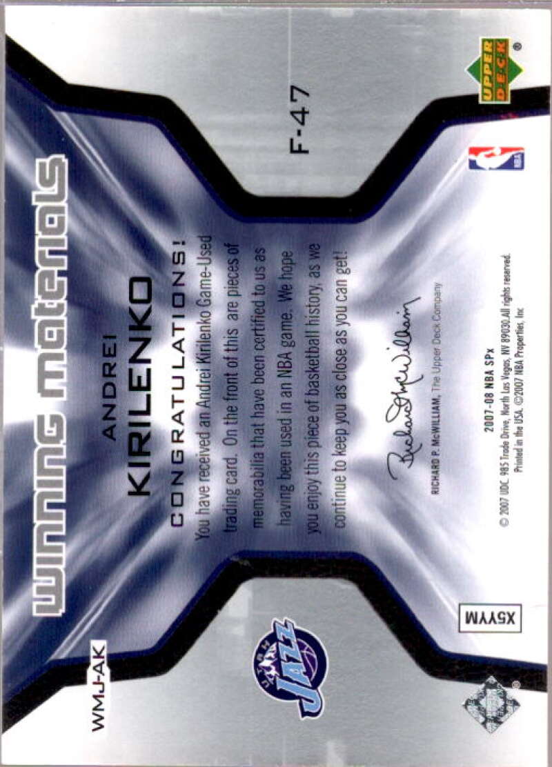 Andrei Kirilenko Card 2007-08 SPx Winning Materials Jersey Numbers #AK  Image 2