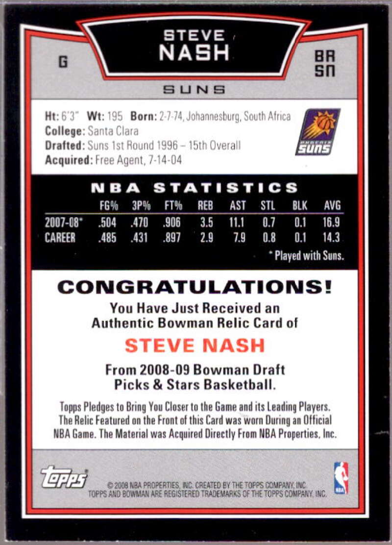 Steve Nash Card 2008-09 Bowman Relics #BRSN  Image 2