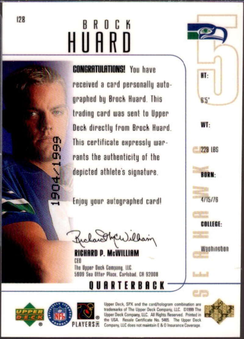 Brock Huard AU RC Card 1999 SPx #128  Image 2