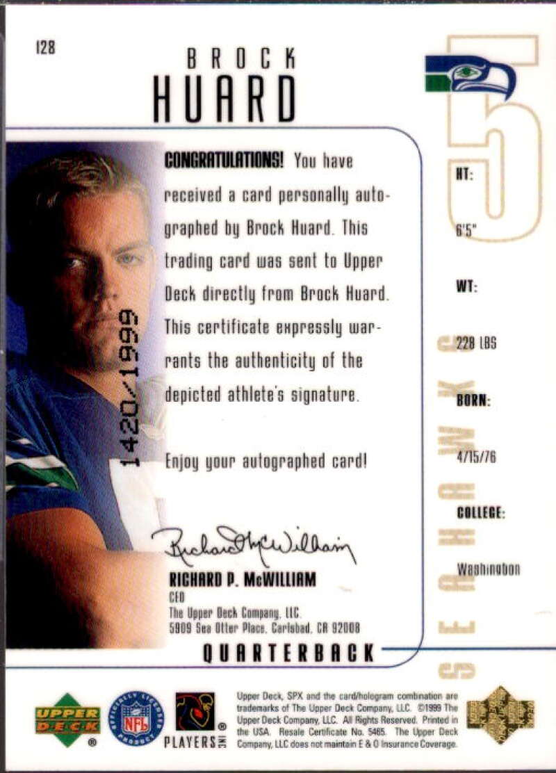 Brock Huard AU RC Card 1999 SPx #128  Image 2