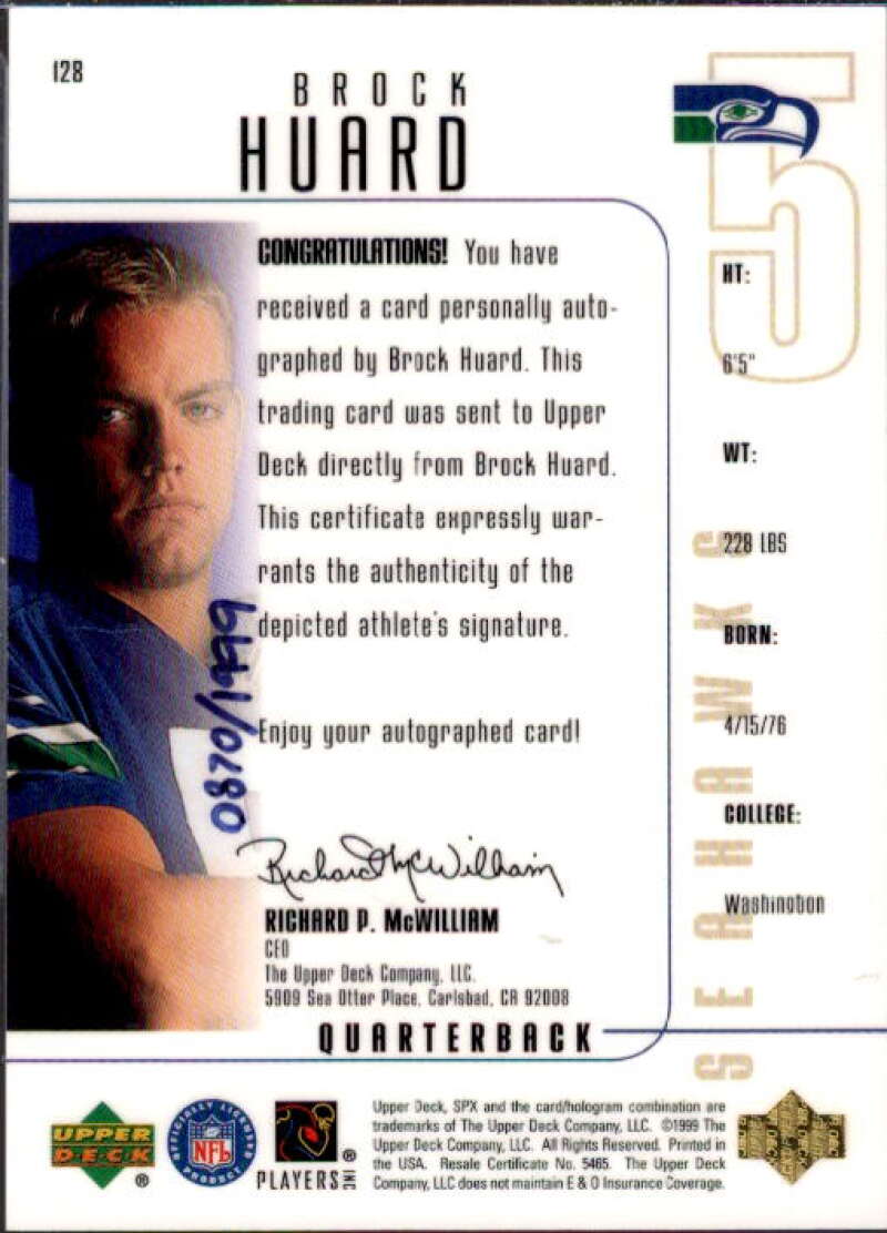 Brock Huard AU RC Card 1999 SPx #128  Image 2