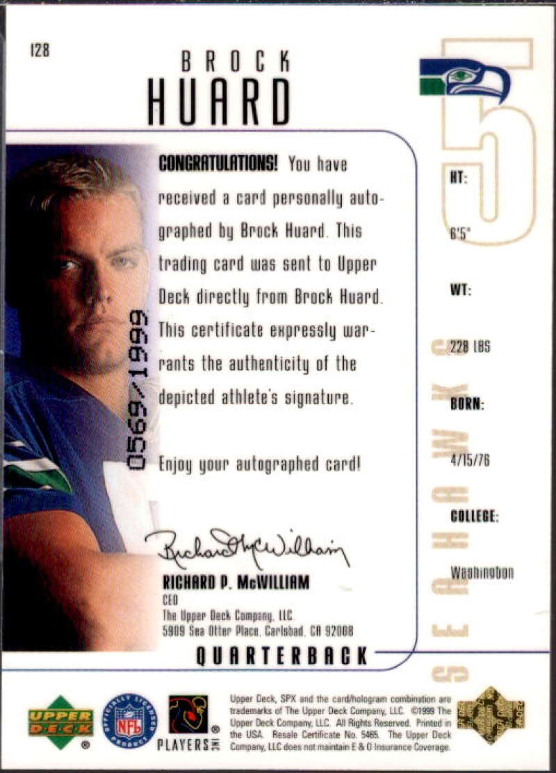 Brock Huard AU RC Card 1999 SPx #128  Image 2