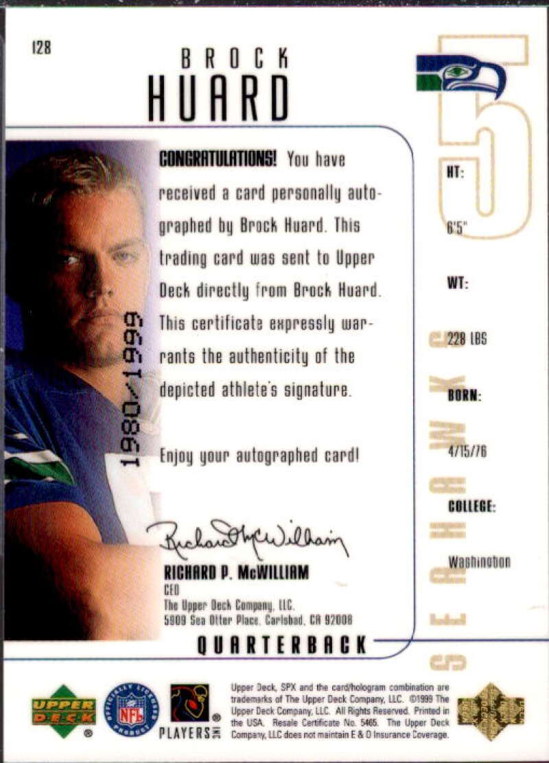 Brock Huard AU RC Card 1999 SPx #128  Image 2