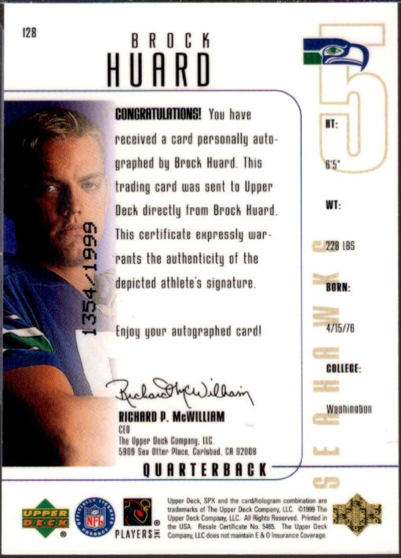 Brock Huard AU RC Card 1999 SPx #128  Image 2