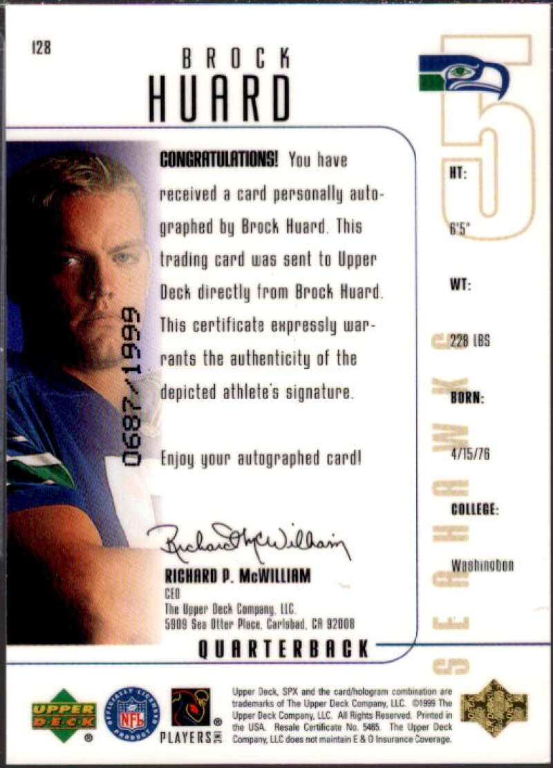 Brock Huard AU RC Card 1999 SPx #128  Image 2