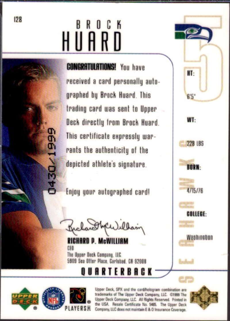 Brock Huard AU RC Card 1999 SPx #128  Image 2