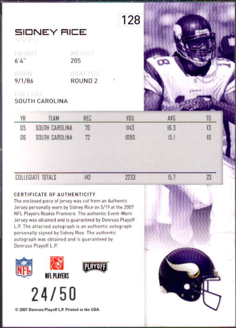 Sidney Rice Card 2007 Playoff NFL Playoffs Material Signatures Red #128  Image 2