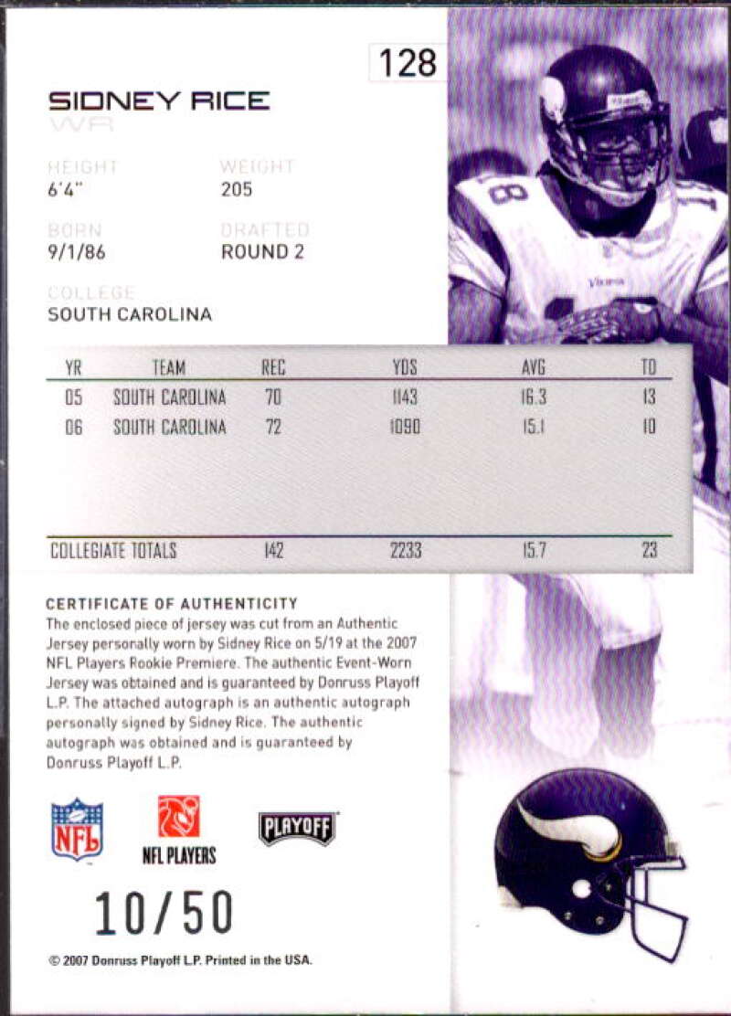 Sidney Rice Card 2007 Playoff NFL Playoffs Material Signatures Red #128  Image 2