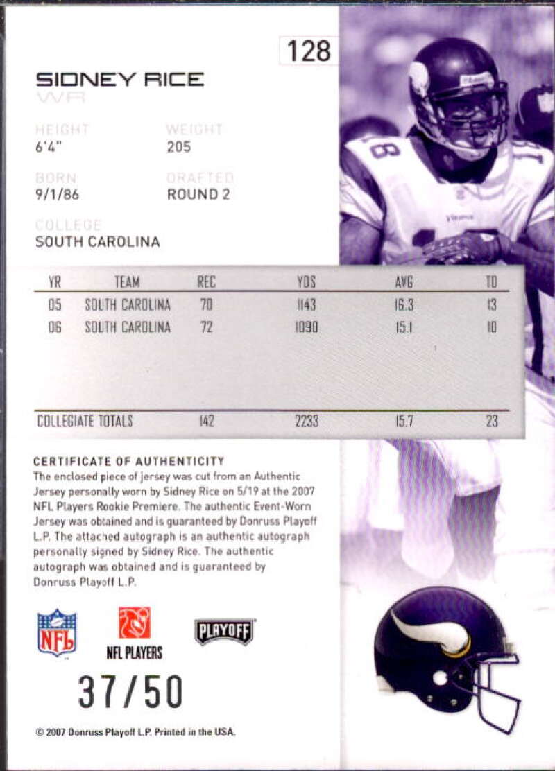 Sidney Rice Card 2007 Playoff NFL Playoffs Material Signatures Red Prime #128  Image 2