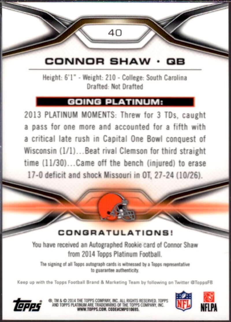 Connor Shaw Card 2014 Topps Platinum Autographs Refractors #40  Image 2