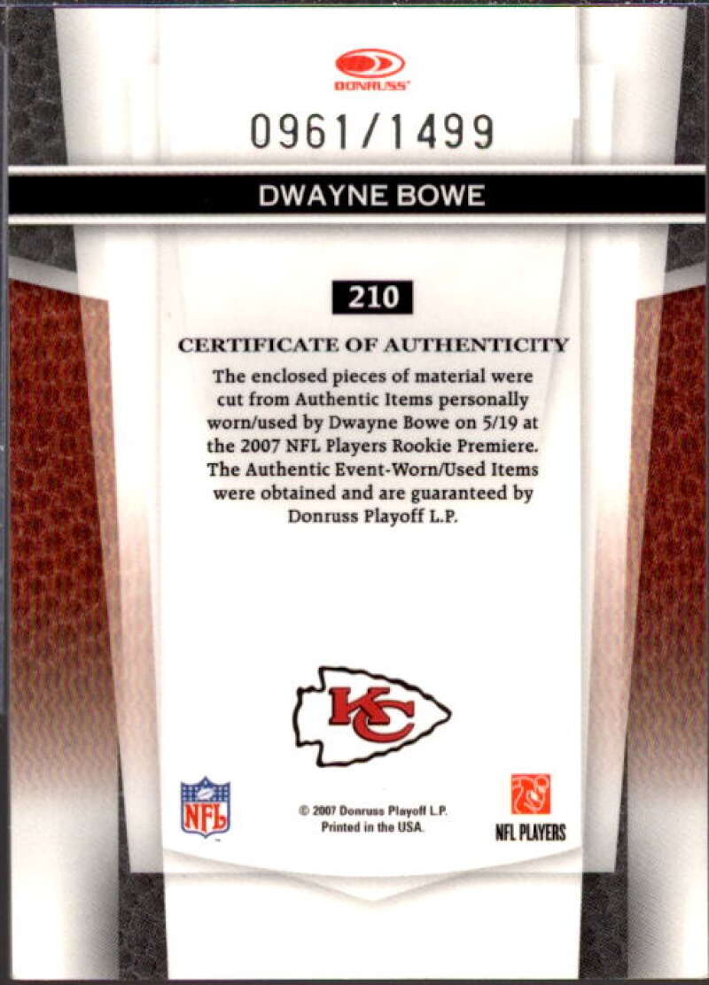 Dwayne Bowe JSY RC Card 2007 Leaf Certified Materials #210  Image 2