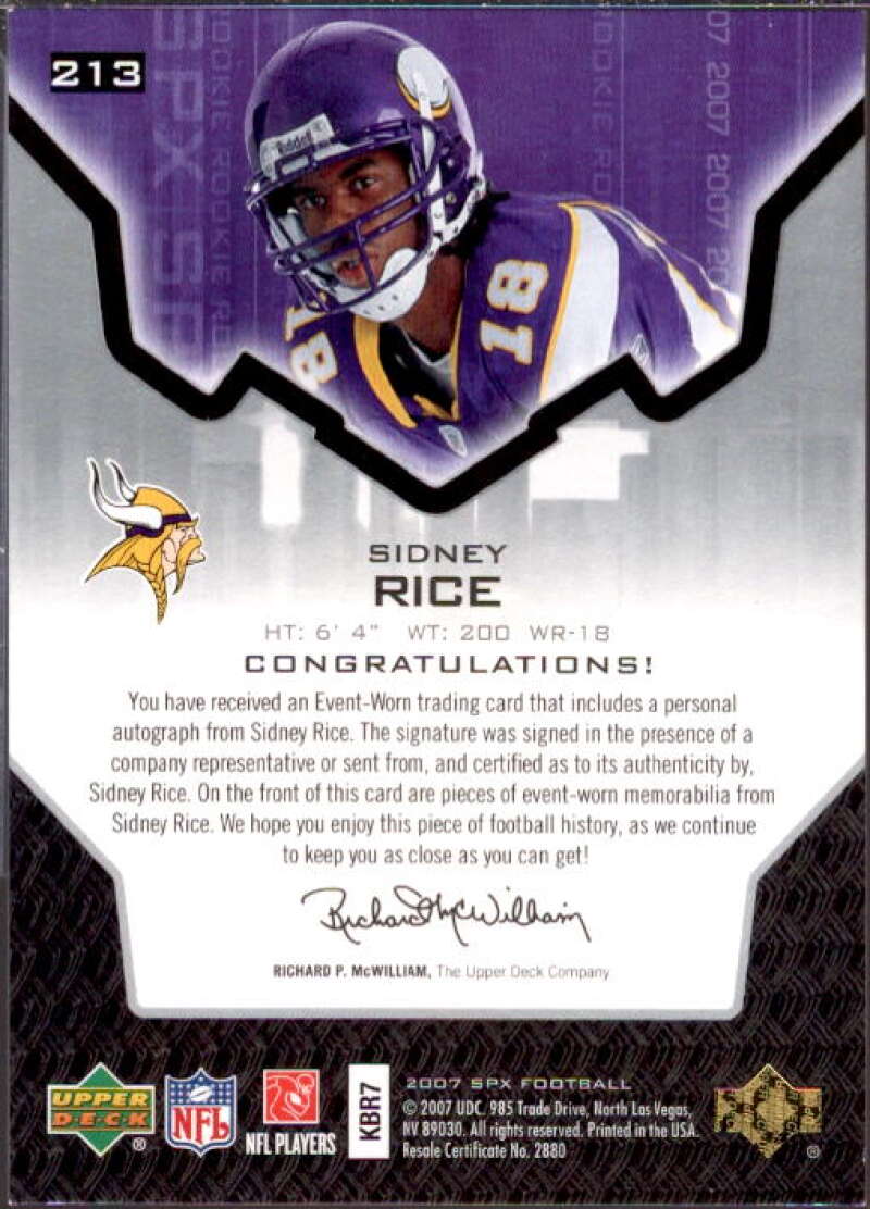 Sidney Rice JSY AU/399 RC Card 2007 SPx #213  Image 2