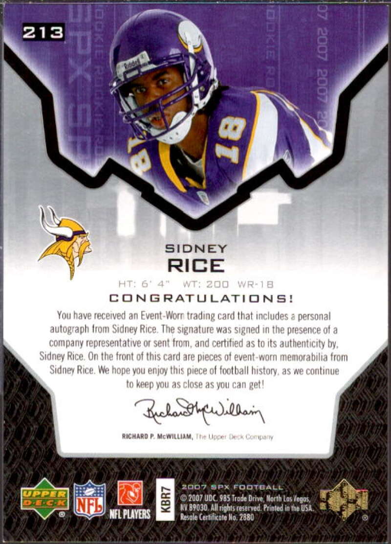 Sidney Rice JSY AU/399 RC Card 2007 SPx #213  Image 2