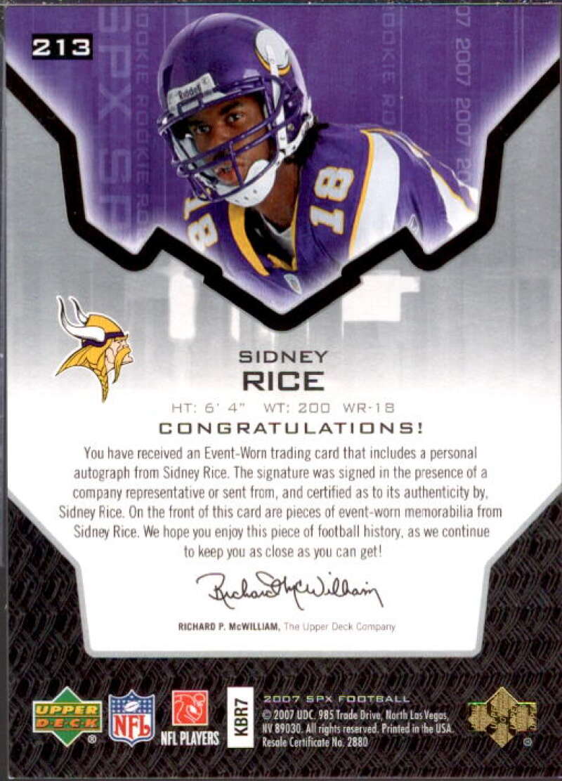 Sidney Rice JSY AU/399 RC Card 2007 SPx #213  Image 2