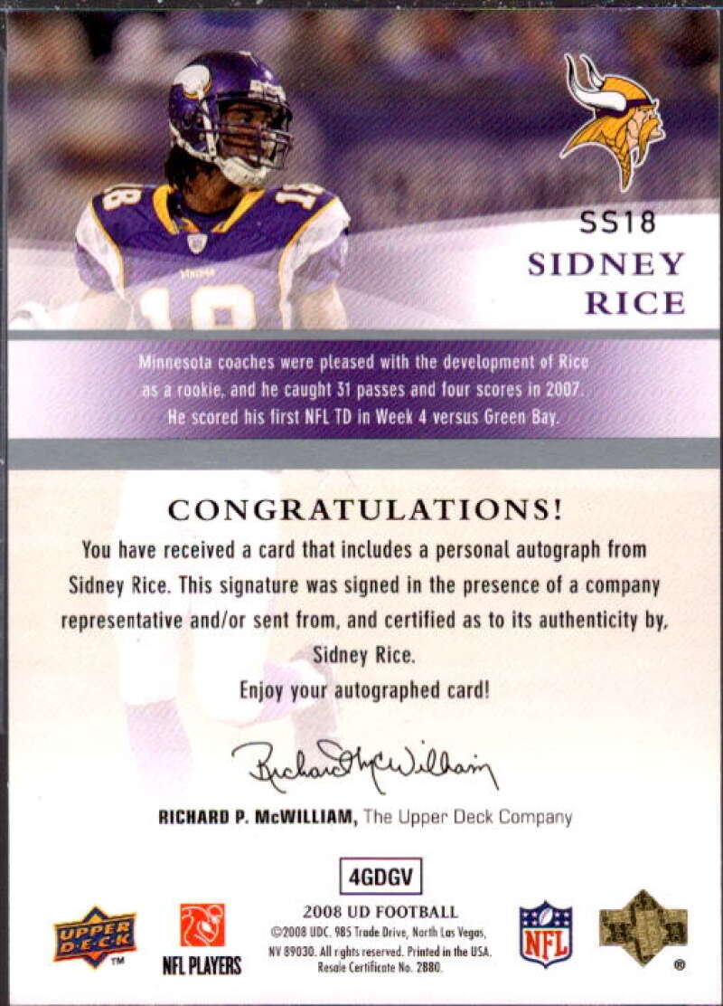 Sidney Rice Card 2008 Upper Deck Signature Shots #SS18  Image 2