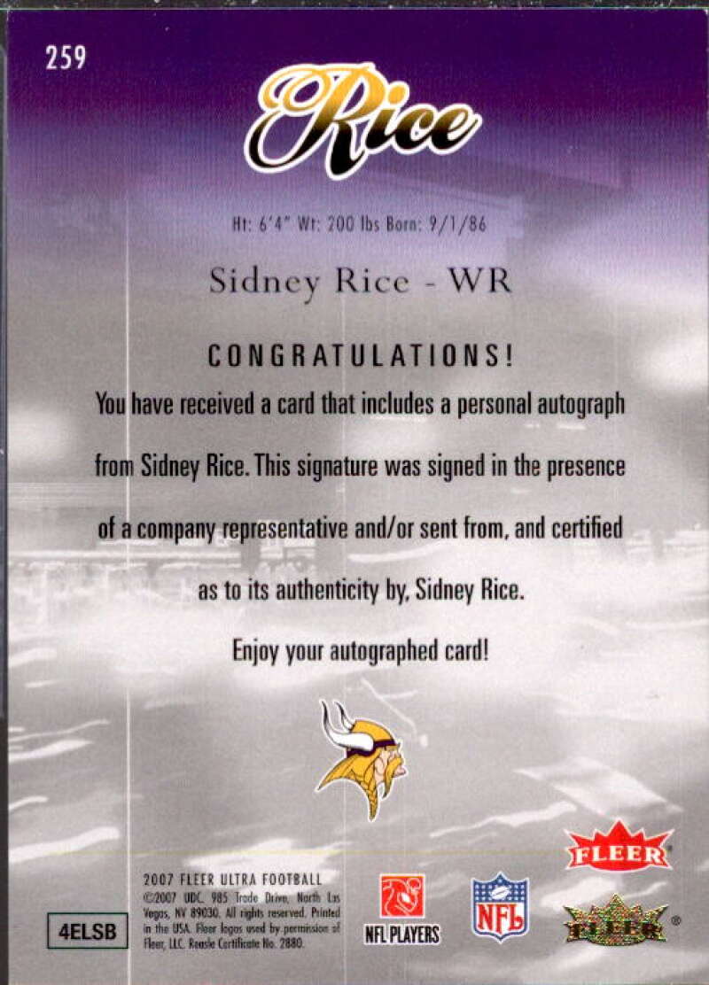 Sidney Rice Card 2007 Ultra Rookie Autographs #259  Image 2