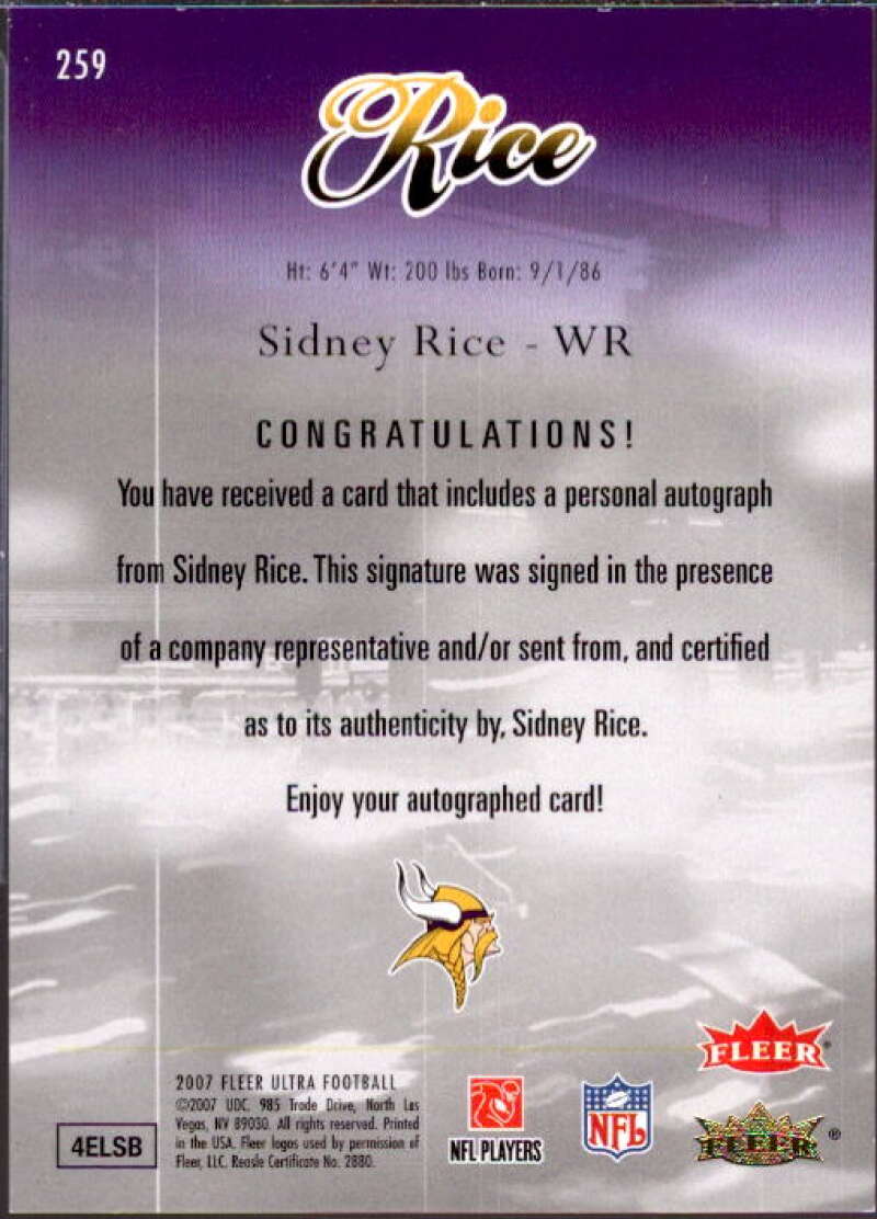 Sidney Rice Card 2007 Ultra Rookie Autographs #259  Image 2