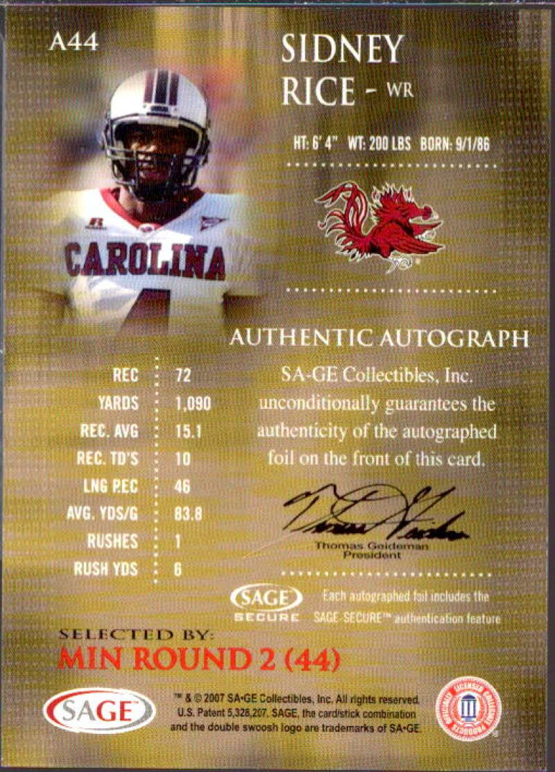 Sidney Rice Card 2007 SAGE Autographs Red #A44  Image 2