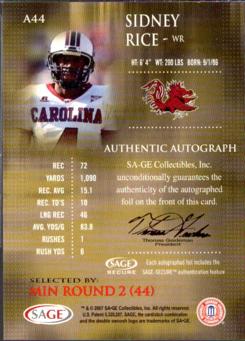 Sidney Rice Card 2007 SAGE Autographs Red #A44  Image 2