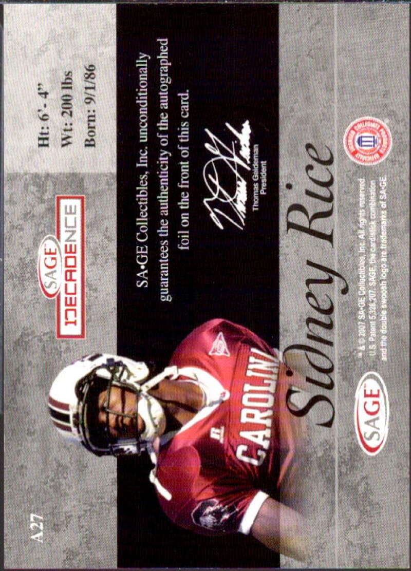 Sidney Rice Card 2007 SAGE DECADEnce Autographs Bronze #A27  Image 2