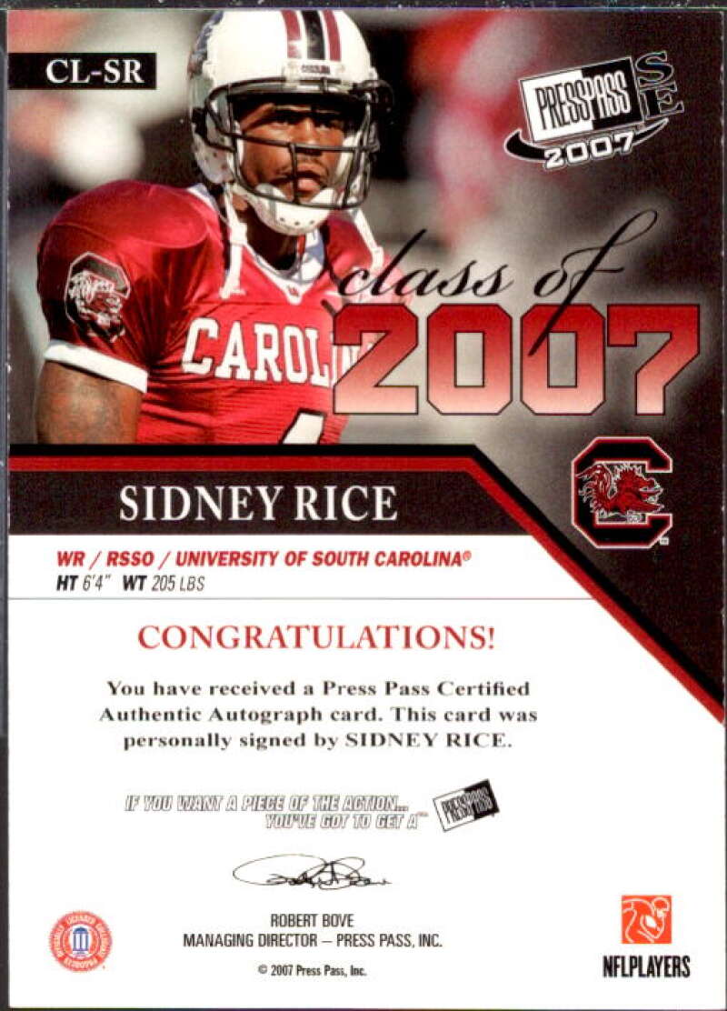 Sidney Rice Card 2007 Press Pass SE Class of 2007 Autographs #CLSR  Image 2