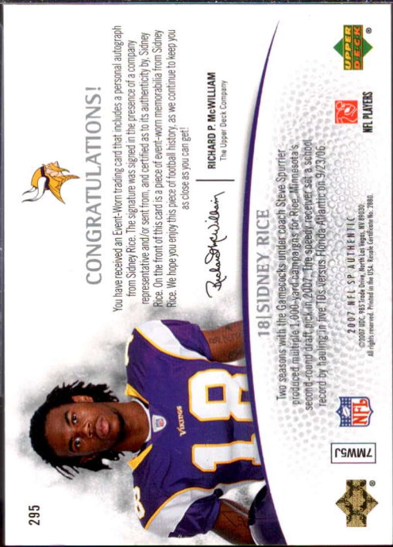 Sidney Rice JSY AU RC Card 2007 SP Authentic #295  Image 2