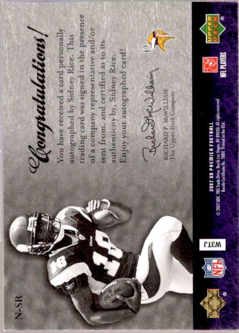 Sidney Rice Card 2007 Upper Deck Premier Noteworthy Autographs Bronze #NSR  Image 2