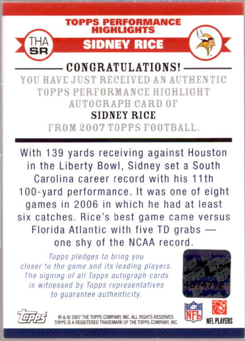 Sidney Rice Card 2007 Topps Performance Highlights Autographs #THASR  Image 2