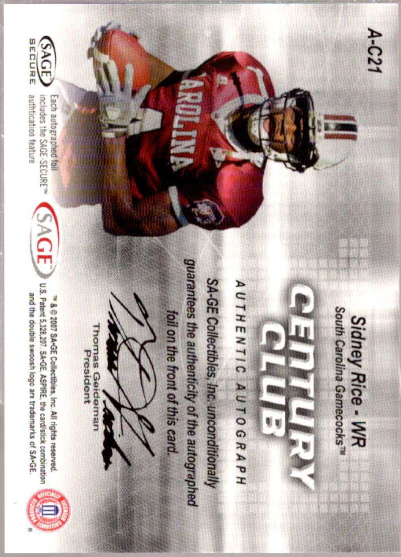 Sidney Rice Card 2007 Aspire Century Club Autographs #21  Image 2