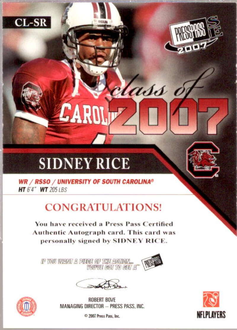 Sidney Rice Card 2007 Press Pass SE Class of 2007 Autographs #CLSR  Image 2