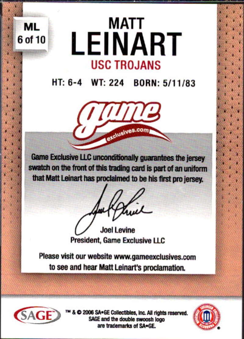 Matt Leinart NFL Card 2006 SAGE Game Exclusive Matt Leinart Jerseys Bronze #ML6  Image 2