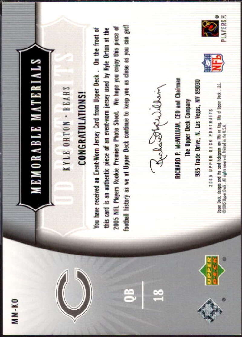 Kyle Orton Card 2005 UD Portraits Memorable Materials #MMKO  Image 2