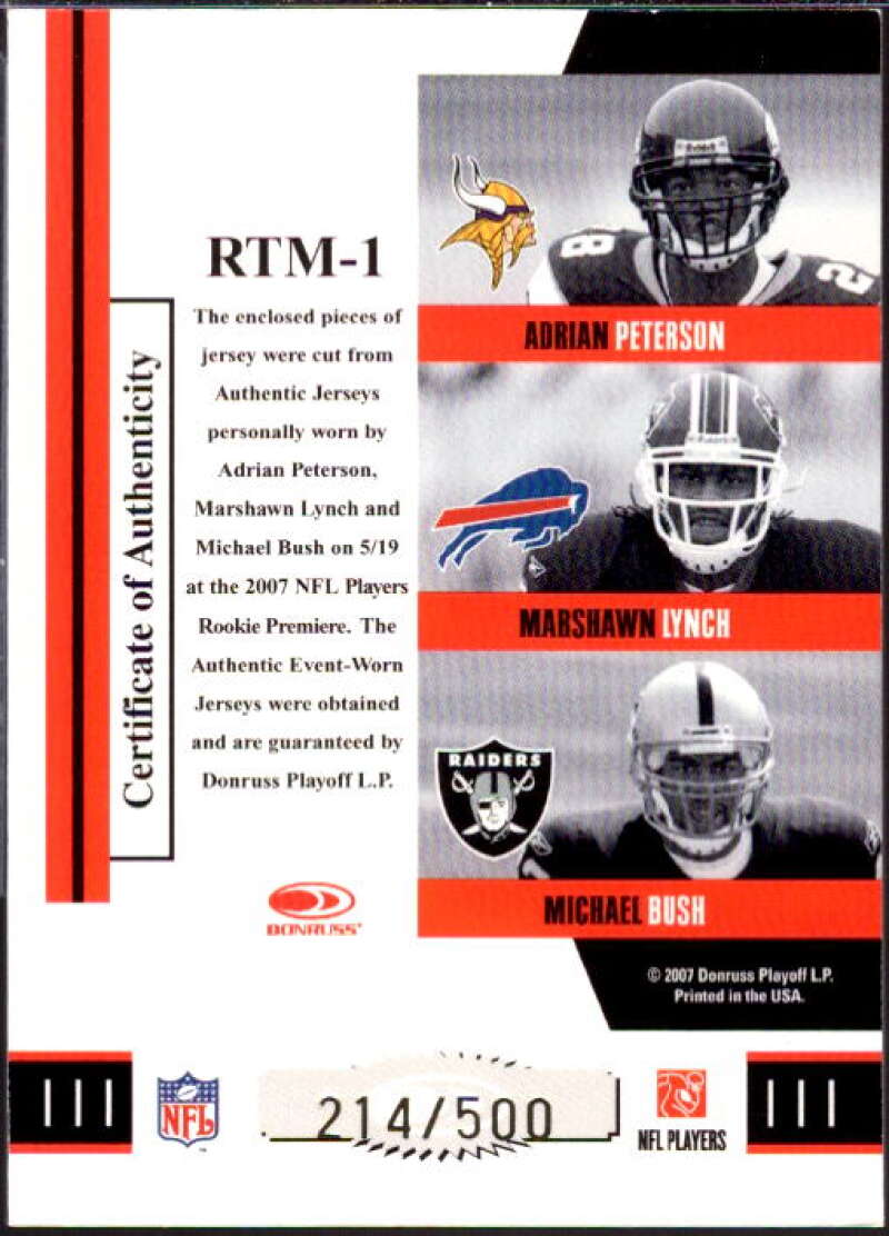 Peterson/ Lynch/Bush 2007 Donruss Threads Rookie Collection Materials Triple #1  Image 2