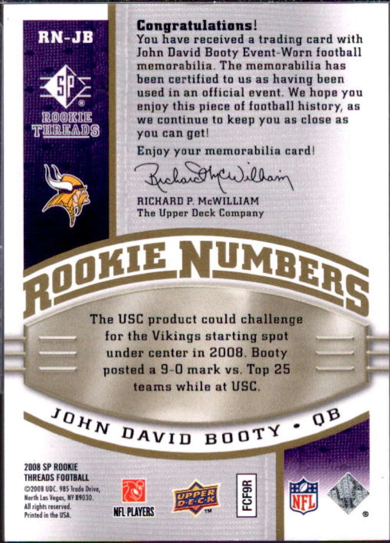 John David Booty 2008 SP Rookie Threads Rookie Numbers Holofoil Patch 75 #RNJB  Image 2