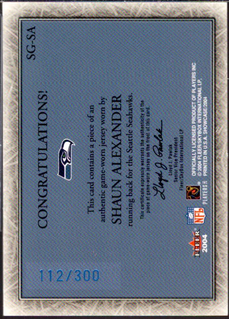 Shaun Alexander Card 2004 Fleer Showcase Grace Game Used #SA2  Image 2