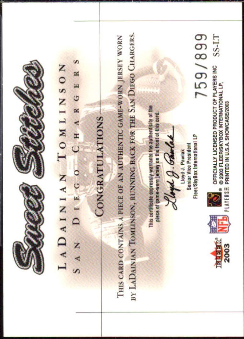 LaDainian Tomlinson Card 2003 Fleer Showcase Sweet Stitches Jerseys #15  Image 2