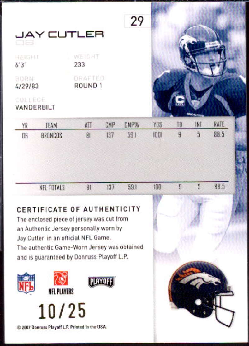 Jay Cutler Card 2007 Playoff NFL Playoffs Materials Gold #29  Image 2