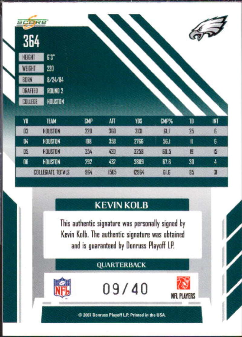 Kevin Kolb Card 2007 Select Inscriptions #364  Image 2