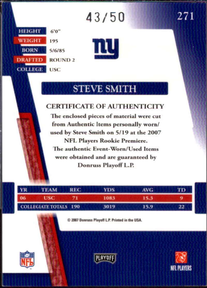 Steve Smith 2007 Absolute Memorabilia Rookie Premiere Materials Oversize #271  Image 2