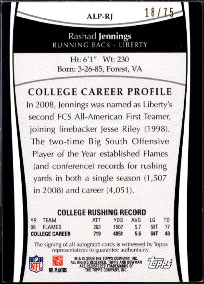 Rashad Jennings/75 LU Card 2009 Bowman Draft College Logo Patch Autographs #RJ  Image 2