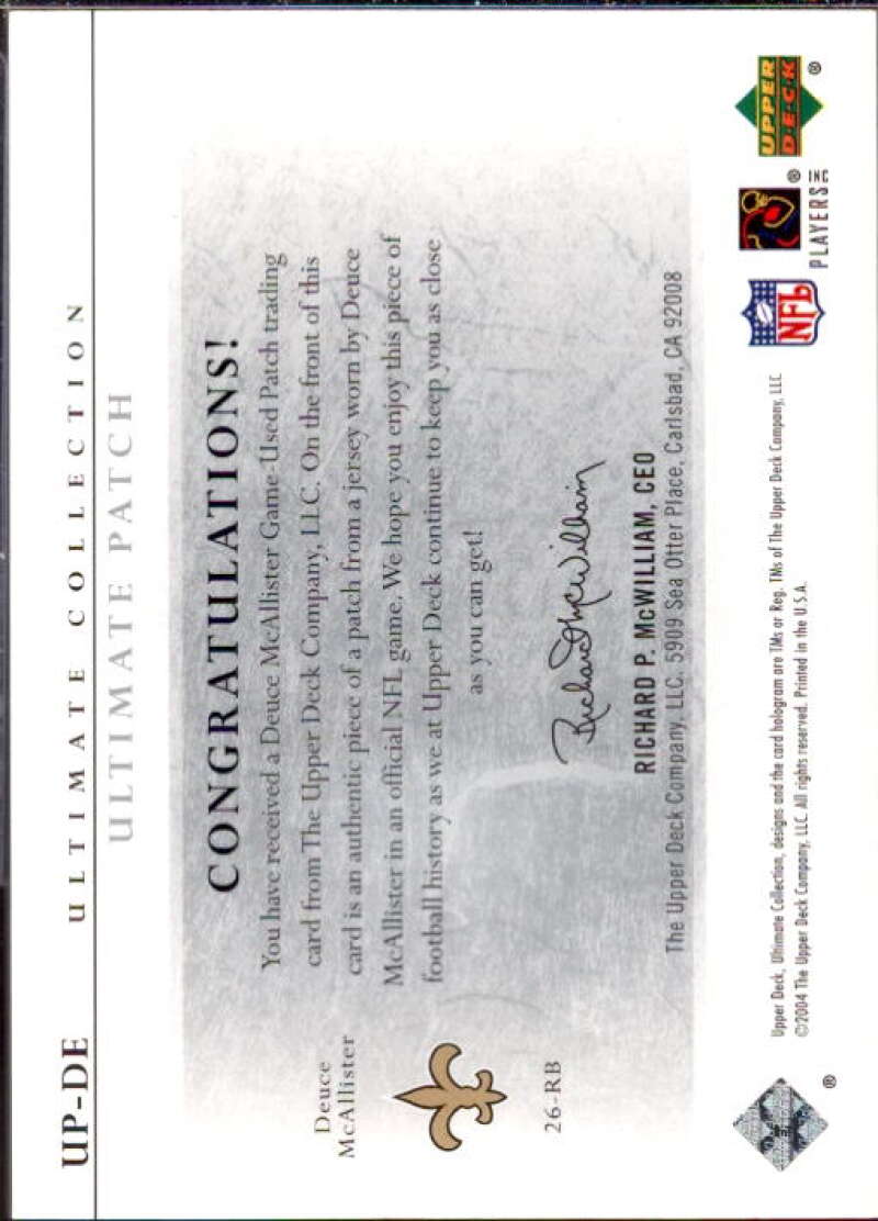 Deuce McAllister Card 2004 Ultimate Collection Game Jersey Patches #UPDE  Image 2